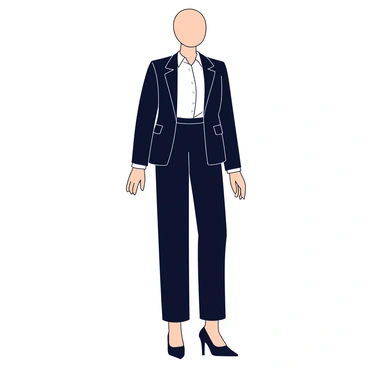 A mannequin stands in a store window, showcasing a classic black and white ensemble. The outfit features a tailored black blazer with sharp lapels, layered over a crisp white shirt. The mannequin's bottom half is adorned with slim-fitting black trousers. Accessories include a slim black belt and a pair of stylish black pumps. The window is framed with bright lighting that highlights the contrast of the outfit.