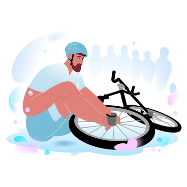 A cyclist is sitting on the ground with a distressed expression, surrounded by a fallen bicycle beside them. The cyclist is wearing a bright jersey and padded shorts, with a helmet slightly askew. Their palms are scraped and bleeding, revealing signs of an accident. The bicycle has a bent wheel and scattered gear components, indicating a recent mishap. The scene conveys a sense of urgency and concern, with a small crowd of onlookers gathering in the background.