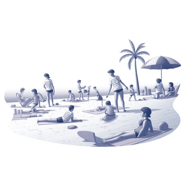 A sandy beach scene populated with tourists enjoying their time in the sun. Various individuals are wearing t-shirts adorned with "silly slogans" that add a playful element to their attire. Some tourists are lounging on beach towels, while others are wading in the shallow water. In the background, a colorful beach umbrella provides shade for a family playing in the sand. Palm trees line the beach, swaying gently in a light breeze, and beachgoers are engaged in various activities, such as building sandcastles and playing frisbee.