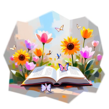 A whimsical garden filled with vibrant flowers, where each colorful bloom resembles an open book. The petals are intricately designed to depict various story elements, with illustrations and text visible on each page. Some flowers have golden-yellow sunflowers resembling adventure tales, while others feature delicate pink blossoms with romantic narratives. The garden path is lined with lush greenery, and butterflies flutter around, occasionally landing on the pages of the books. In the background, a soft blue sky hints at a sunny day, creating a magical atmosphere filled with the promise of stories.