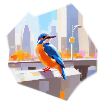 A vibrant kingfisher with bright orange and blue feathers is perched on the railing of a city bridge. The bird is positioned prominently, its sharp beak angled slightly as it scans the surroundings. In the background, tall buildings rise, showcasing varying architectural styles and glass facades that reflect sunlight. The scene captures the juxtaposition of the small, colorful bird against the expansive, urban landscape, with the bridge adding depth to the composition.