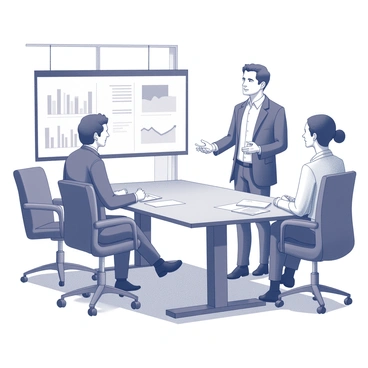 A businessman wearing a tailored suit is standing at a large conference table, engaged in conversation with two colleagues. One colleague is seated, holding a notepad and pen, while the other is leaning slightly forward with a thoughtful expression. The modern office features large windows allowing natural light to enter, sleek furniture, and a large digital screen displaying graphs and charts. The atmosphere conveys a sense of collaboration and productivity.