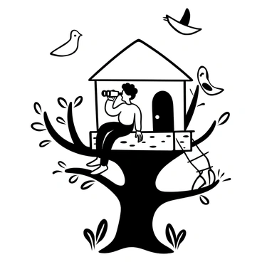 A blaireau sitting on a branch of a tree, holding binoculars to observe birds flying in the sky. The treehouse is built against the trunk, with wooden planks and a small ladder leading up to it. Nearby, several birds are perched on branches, with some in flight. The scene captures the blaireau's focused posture as it scans the surroundings through the binoculars, surrounded by leaves and twigs.