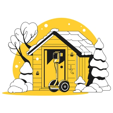 A Segway is parked inside a small shed, with its charging cable plugged into the device. The shed is made of wooden planks and has a slightly ajar door, revealing some tools hanging on the wall. Snow gently accumulates on the roof of the shed. Outside, snow-covered trees surround the shed, their branches laden with white snow. A soft layer of snow is visible on the ground, creating a tranquil winter scene.