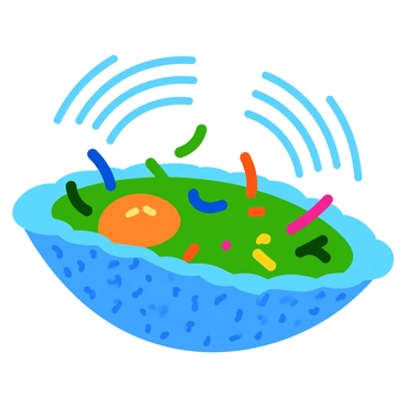 An illustration depicting "energy waves" in bright blue and green colors flowing through a cell environment. The background features a stylized cell membrane with a textured, semi-transparent appearance. Within the cell, organelles such as mitochondria and ribosomes are visible, surrounded by a vibrant cytoplasm. The energy waves are represented as rhythmic, curved lines radiating outwards, interacting with various transport proteins embedded in the membrane. These proteins are illustrated as colorful, elongated shapes, actively moving molecules across the membrane.