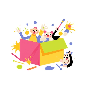 Funny, playful creatures popping out from an illustration box, ready to join in on an art adventure.