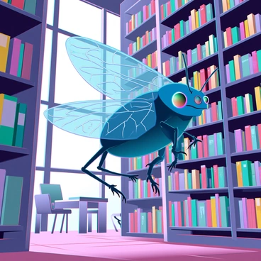 A quiet library filled with tall shelves lined with colorful books. A giant insect, resembling a beetle, with shiny, iridescent wings and large, multifaceted eyes, is perched on one of the shelves. It has intricate patterns on its exoskeleton, and its long antennae are gently reaching out, as if exploring the titles of the books. Soft, warm light filters through large windows, casting shadows on the wooden floor. A few scattered chairs and a reading table are visible, emphasizing the stillness of the library, which is dramatically interrupted by the presence of the colossal insect.