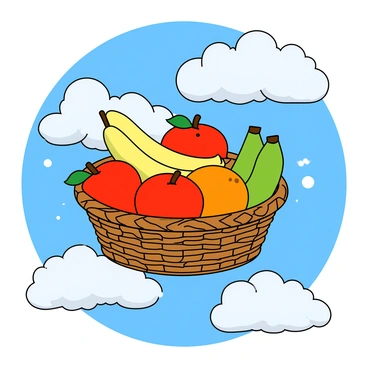 A surreal scene with a fruit basket floating among clouds