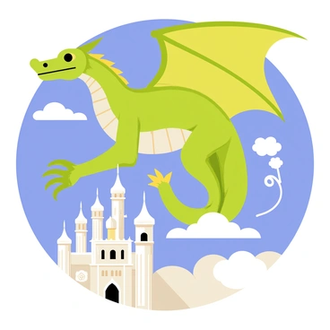 A majestic dragon with shimmering green scales and large, outstretched wings is soaring through the blue sky. The dragon has fierce golden eyes and sharp claws. Below, there is a grand castle made of white stone with tall towers and intricate designs. The castle is set among fluffy white clouds, with sunlight casting a warm glow on the scene. The dragon appears to be flying gracefully, leaving a trail of wispy clouds in its wake.