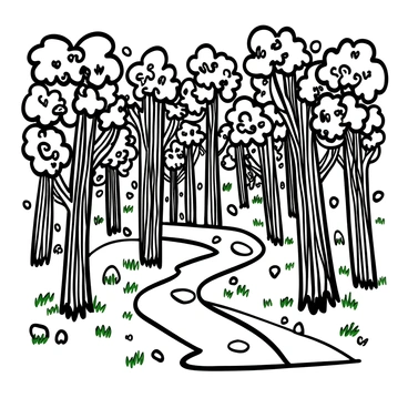 A dense forest landscape illustrated in black ink, featuring tall trees with intricate bark details and leafy canopies. The trees surround a winding path that meanders through the scene, leading the viewer's eye deeper into the forest. Sunlight filters through the branches, casting playful shadows on the ground, which is scattered with leaves and small rocks. The path is slightly overgrown with grass, suggesting a tranquil, untouched wilderness.