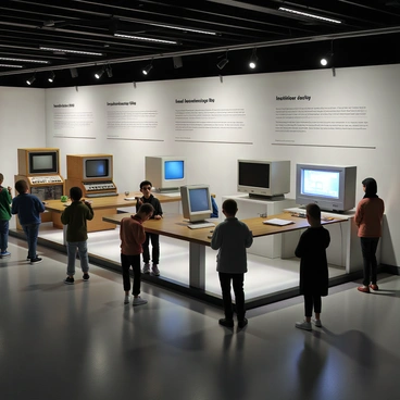 A museum exhibit featuring a timeline display of computers, showcasing several models from different eras. On one side, there is a large, vintage computing machine from the 1950s with a wooden frame and numerous buttons and dials. Next to it, an early personal computer from the 1980s is displayed with a bulky design and a monochrome monitor. In the center, a sleek, modern laptop is presented, showcasing a thin profile and a bright, high-resolution screen. The exhibit is illuminated with spotlights highlighting each computer model, and informative plaques provide detailed descriptions of their specifications and historical significance. Visitors can be seen interacting with the displays, some taking notes, while others observe the progression of technology.