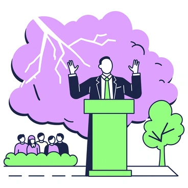 A preacher stands on a raised platform, passionately delivering a sermon. He is dressed in a dark suit with a crisp white shirt. His hands are raised, emphasizing his words, while his expression is intense and focused. Dark clouds swirl overhead, creating a dramatic atmosphere. Lightning streaks across the sky, illuminating the scene and casting bold shadows on the preacher's face. The surrounding landscape features a small congregation facing the platform, with a few trees bending in the gusty winds. The ground is slightly wet, suggesting recent rain, adding to the urgency of the moment.