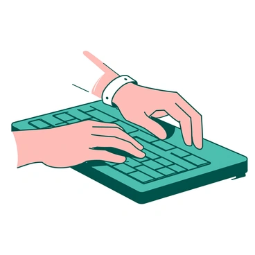 A teal keyboard is positioned in front of a pair of hands, which are wearing a white wrist brace. The fingers are actively typing, pressing down on the keys with an intense focus. The hands are positioned at an angle that highlights the tension in the wrists, illustrating the strain of carpal tunnel syndrome. The background is softly blurred to emphasize the hands and keyboard, creating a sense of urgency in the moment.