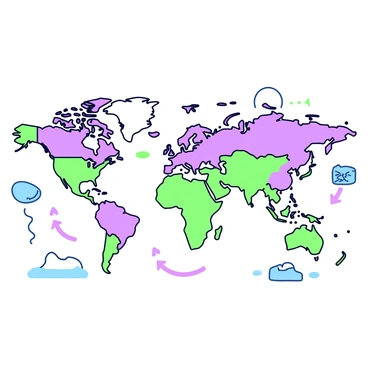 A detailed world map is displayed with various regions highlighted. The map shows countries and continents outlined clearly. Regions that are most affected by eutrophication are marked with distinct shapes, indicating severity levels. These highlighted areas feature various shades of green and purple to illustrate the impact, with detailed borders of each region. Surrounding the map, there are icons representing water bodies, such as lakes and rivers, which are relevant in relation to eutrophication. There are labels on the map indicating the names of the regions marked, along with arrows pointing to specific water bodies that are affected.