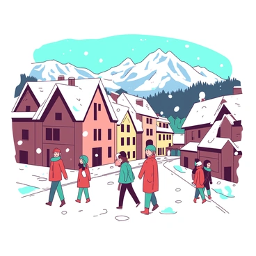 A duotone illustration of Grenoble covered in a fresh blanket of snow. The rooftops of the buildings are topped with a thick layer of white snow. In the foreground, several people dressed in colorful winter attire are walking along a snow-covered street. Some individuals are wearing bright red coats, while others have on teal scarves and hats. Snowflakes gently fall from the sky, landing on the ground and creating a picturesque winter scene. The mountains in the background are also dusted with white snow, completing the winter atmosphere.