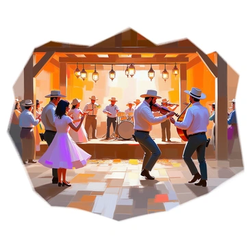A lively dance hall filled with miners and settlers, all engaged in spirited music and dancing. The hall is dimly lit, with wooden beams supporting the ceiling and lanterns casting a warm glow. Miners, wearing sturdy work clothes and hats, are seen twirling and clapping, while settlers in long dresses and colorful shirts join in the merriment. A wooden stage at the front features a small band playing fiddles and guitars, adding to the festive atmosphere. The floor is scattered with straw, and the walls are adorned with rustic decorations and mining tools. Laughter and music fill the air, creating a sense of joy and community.