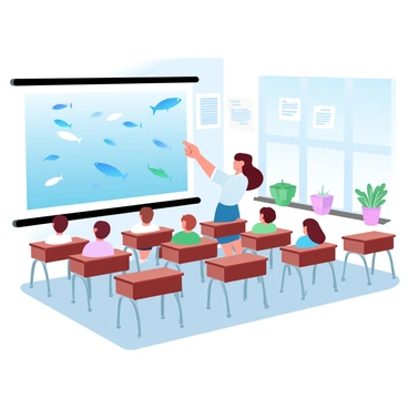 A classroom filled with wooden desks arranged in rows. Several children are seated at their desks, facing a large projector screen at the front of the room. The projector screen displays an image of "minnows swimming in a clear river." Bright educational posters about "freshwater ecosystems" and "minnow habitats" adorn the walls. The teacher stands near the screen, pointing towards the image of the minnows. A large window allows natural light to fill the room, and a few potted plants sit on the windowsill, adding greenery to the environment.