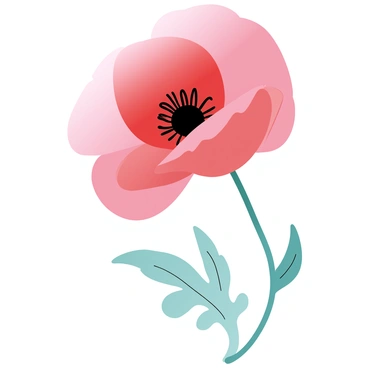A detailed poppy flower design with large, flowing petals that are vibrant in color. The petals have a gradient of rich red at the center, fading into soft pink edges. The flower is accented by delicate black outlines that enhance its shape. The stem is slender and slightly curved, with green leaves that have elegant lines and a soft texture. The overall composition is balanced, showcasing the beauty of the poppy in a striking yet harmonious manner.