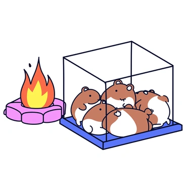 A glass cage containing several hamsters huddled together, their fur in shades of brown and white. The hamsters are nestled closely, showcasing their round bodies and tiny paws. Nearby, a fireplace emits a warm glow, casting soft orange light across the scene. The flames flicker gently, reflecting off the glass of the cage and creating a cozy atmosphere. The background features a simple wooden floor that complements the warmth of the setting.