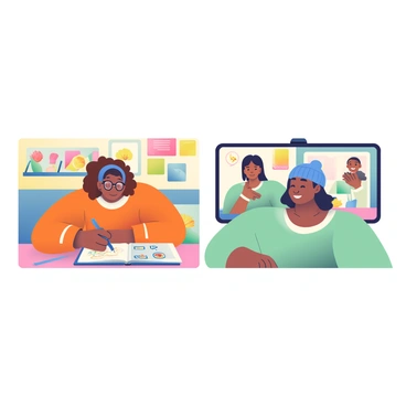 Two friends are engaged in a video call, collaborating on an illustration project. One friend has curly brown hair and is wearing glasses, sitting in a cozy, well-lit room filled with art supplies. She is focused on drawing on her tablet, with a sketchbook open beside her, displaying various doodles. The second friend, with straight black hair and a blue beanie, is in a bright workspace adorned with colorful posters. He is sharing his screen, showing his digital artwork on a large monitor. Both friends are smiling and exchanging ideas, with digital art displayed on their screens enhancing the collaborative atmosphere.