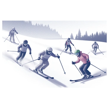 A scene capturing a downhill ski race. Several skiers, clad in colorful racing gear, are carving through powdery snow with dynamic poses, showcasing their speed and skill. Snow sprays up from their skis as they navigate the course, with some racers positioned in mid-turn. In the background, snow-covered trees line the slopes, and a clear sky stretches above. The atmosphere conveys the thrill and intensity of the competition, as spectators can be seen in the distance, cheering on the athletes.