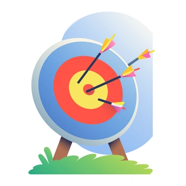 A colorful archery target with concentric circles in red, yellow, and blue is set in an outdoor range. Several arrows with vibrant fletchings are embedded in the bullseye, showcasing their sharp tips. The target is mounted on a sturdy wooden stand, and lush green grass surrounds the area. Bright sunlight casts soft shadows, and a clear blue sky is visible in the background, enhancing the vibrant colors of the target and arrows.