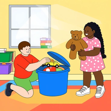 Children tidying up their playroom, putting toys back into colorful bins