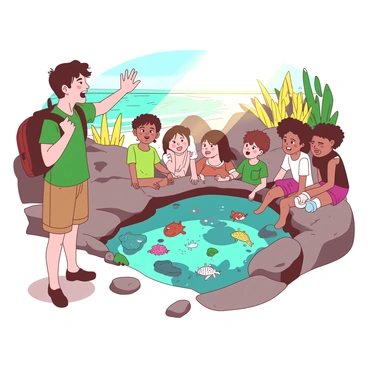 A naturalist is standing near a rock pool, enthusiastically gesturing towards the water. The naturalist has short brown hair and is wearing a green shirt, khaki shorts, and a small backpack. Around them, a group of school children, varied in age and skin tones, are seated on the rocks, attentively listening and looking at the pool. The rock pool is filled with clear water, showcasing various marine life, including colorful sea anemones, small fish, and starfish. Sunlight is streaming down, casting a warm glow over the scene. The background features various coastal plants and a hint of the ocean in the distance.