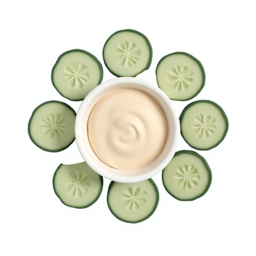 A round bowl filled with a thick, creamy dip sits at the center of the image. The dip has a smooth texture and is a light beige color. Surrounding the bowl are numerous fresh cucumber slices, arranged neatly in a circular pattern. Each cucumber slice is bright green with a glossy surface, showcasing the seeds inside. The scene is well-lit, highlighting the freshness of the cucumbers and the inviting appearance of the dip.