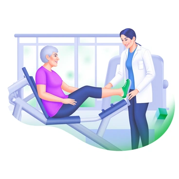 An elderly person seated on a leg extension machine, wearing comfortable athletic attire. The person has gray hair and a focused expression while extending their legs. A physical therapist stands beside them, offering guidance and support. The therapist is dressed in professional attire with a friendly demeanor, holding the elderly person's leg to assist in the exercise. Surrounding them is a clean, modern gym setting with bright lighting and fitness equipment in the background.