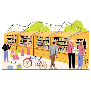 A vintage market scene featuring a series of wooden stalls arranged in a zigzag pattern. Each stall is overflowing with various antiques, including a shiny brass gramophone, colorful glass bottles, and old books with worn leather covers. Lively shoppers are browsing the items, some examining a retro bicycle while others are admiring vintage clothing displayed on mannequins. The atmosphere is vibrant, with string lights hanging overhead, casting a warm glow over the market, and a backdrop of lush greenery in the distance.