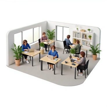 A shared office space filled with natural light and modern furnishings. There are several desks arranged in an open layout, each occupied by individuals from different fields. A woman with short brown hair wearing a blue blouse sits at one desk typing on a laptop. Next to her, a man with glasses and a plaid shirt is sketching on a notepad. In another corner, a person with curly hair dressed in a green sweater is engaged in a video call. There are potted plants decorating the space, and shelves filled with books and office supplies are visible in the background. The atmosphere is busy yet collaborative.