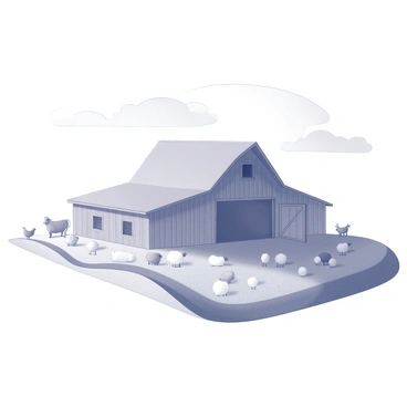 A farm scene with a large barn structure occupying the center of the image. The barn features a broad, rectangular shape with a prominent gable roof. Surrounding the barn are simplistic shapes representing various farm animals. There are round shapes for cows, triangular shapes for hens, and oval shapes for sheep scattered throughout the area. The sky has a broad, arching form suggesting an open space above the farm, while the ground consists of rolling hills depicted with smooth, flowing lines.