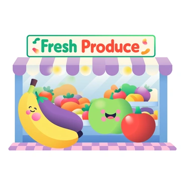 A whimsical cartoon grocery store is depicted with colorful signage above the entrance that reads "Fresh Produce." Inside, there are oversized fruits and vegetables lining the aisles. A giant yellow banana with a smiling face stands next to a large green apple with rosy cheeks. A towering purple eggplant is placed beside an enormous red tomato, both wearing cartoonish expressions. The shelves are stocked with vibrant oranges, colorful peppers, and massive carrots. The floor is tiled with bright checkered patterns, and cheerful, playful lighting hangs from the ceiling, giving the scene a lively ambiance.