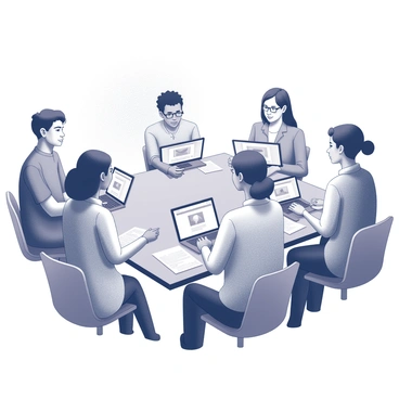 A virtual workshop scene featuring a group of diverse participants engaged in learning. Each participant is seated at a desk, focused on their individual devices, which display a video tutorial. The participants include individuals of various ethnicities and genders, representing a broad range of backgrounds. Some are taking notes on paper, while others are attentively watching the screen. Soft light filters in, creating a welcoming atmosphere in the room. The participants’ expressions convey concentration and interest, highlighting their engagement in the workshop.