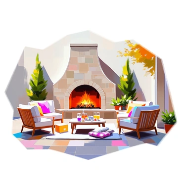 A stylish patio with a large, circular stone fireplace at its center. The fireplace is made of rough-hewn stones and flames are crackling within, casting a warm glow. Surrounding the fireplace are several pieces of comfortable outdoor seating, including plush armchairs and a cozy sectional sofa, all adorned with colorful throw pillows. Several soft, decorative blankets are draped over the furniture, inviting relaxation. Potted plants and small trees are placed around the patio, adding a touch of greenery to the space. A small table is nearby, holding a few drinks and snacks, enhancing the inviting atmosphere.