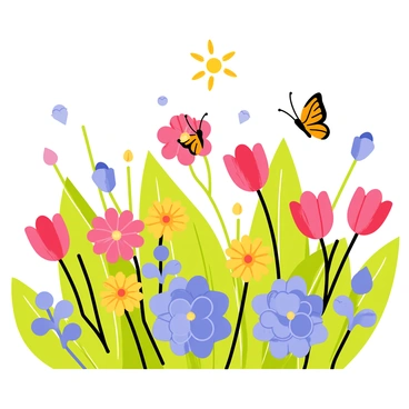 A colorful garden filled with blooming flowers of various shapes and sizes. There are red tulips, yellow daisies, and blue hydrangeas scattered throughout the garden. Green leaves surround each flower, creating a lush backdrop. Numerous butterflies with vibrant wings, including orange and black monarchs, flutter among the flowers, adding movement to the scene. The sun shines brightly, casting soft shadows and highlighting the vivid colors of the garden.