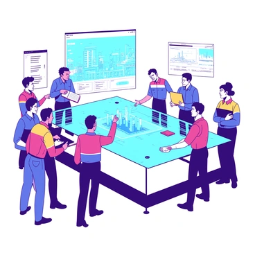 A group of engineers from various countries is gathered around a large transparent table displaying a holographic projection of a futuristic city. The engineers, wearing colorful uniforms that represent their national flags, are actively discussing and pointing at different aspects of the projection. In the background, there are high-tech devices and screens with complex data and blueprints visible. One engineer is holding a digital tablet, while another is taking notes on a notepad. The atmosphere is vibrant and focused, indicating collaboration and innovation.