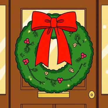 A decorative Christmas wreath hanging on a front door with a red bow
