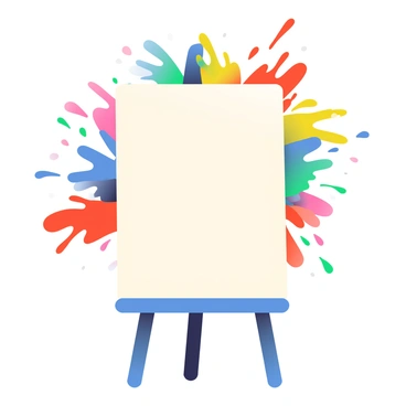 A blank canvas stands upright on an easel, positioned in the center of the image. Bright, vibrant colors including red, blue, yellow, and green are bursting outward in an explosion of paint. The paint appears to be splattering energetically across the surface of the canvas, creating dynamic shapes and patterns. Each color merges and interacts with the others, leaving trails and droplets around the canvas. The background is neutral to emphasize the vivid colors of the paint.