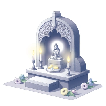 A small shrine with intricate carvings dedicated to a goddess is situated in a serene setting. The shrine is adorned with a variety of flowers arranged neatly around its base and along its sides. Several oil lamps are placed on the shrine, casting flickering light that dances across its surface. The goddess's image is prominently displayed at the center, surrounded by offerings laid out in front. The overall composition captures the tranquil atmosphere of devotion and reverence.