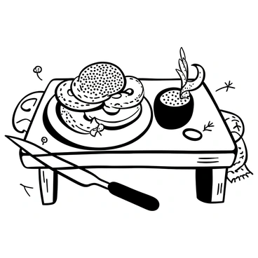 A rustic wooden breakfast table set with an assortment of fine caviar displayed elegantly in a small bowl. Fresh bagels, sliced and piled high, surround the bowl, with a small knife resting beside them. A generous dollop of cream cheese is artistically spread on one of the bagels. A few sprigs of herbs are scattered across the table, adding texture and detail to the scene. Soft linen napkins are neatly arranged beside the bagels, completing the cozy breakfast setting.