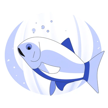 An illustration of a fish swimming underwater. The fish is depicted in profile, showcasing its streamlined body and fins. The gills are prominently visible, located just behind the head, with a detailed view of their structure. Small bubbles are rising from the fish, illustrating the process of gas exchange occurring in the water. Light rays filter through the water, adding a sense of depth to the scene. The surrounding water is filled with small particles, highlighting the underwater environment.