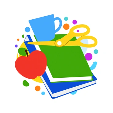 A vibrant collage filled with everyday objects like a blue coffee mug, a red apple, a yellow pair of scissors, and a green notebook. Each object is depicted with bold outlines and bright colors. The background features a playful arrangement of polka dots and geometric shapes in various colors, enhancing the dynamic feel of the composition. The objects overlap slightly, creating a lively interaction among them, while the overall scene exudes a sense of fun and creativity.