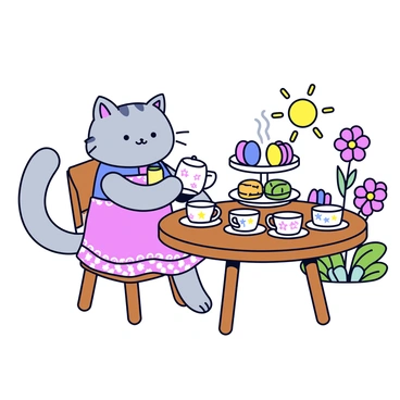A smiling gray tabby cat sits at a small round wooden table, dressed in a tiny floral apron. The table is adorned with an intricately woven tablecloth. Arranged neatly on the table are several tiny porcelain teacups and matching saucers, each with delicate patterns. The cat pours tea from a small teapot into one of the cups, steam rising gently from the spout. Around the table, there are colorful macarons and small pastries displayed on a tiered cake stand. A sunny garden setting is visible in the background, with blooming flowers and greenery surrounding the tea party.