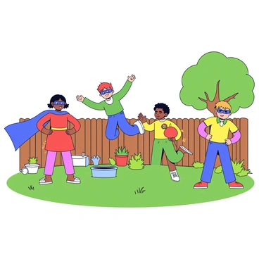 A group of children dressed as superheroes stands in a backyard. Each child wears a colorful costume, complete with capes and masks. The first child, a girl in a red dress with a blue cape, strikes a heroic pose with her hands on her hips. Beside her, a boy in a green costume leaps into the air, pretending to fly. Another child, wearing a yellow outfit, holds a toy shield while looking out for imaginary villains. The yard is filled with green grass, a wooden fence in the background, and a few trees providing shade. There are also scattered toys and a small sandbox nearby, enhancing the playful atmosphere.