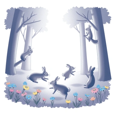 A lively scene in a forest filled with various echinacea flowers. Several small animals, including rabbits and squirrels, are playfully interacting with one another. The rabbits are hopping among the vibrant blooms, while the squirrels are climbing and leaping from the branches of nearby trees. The forest setting features tall, leafy trees providing a natural canopy. Sunlight filters through the foliage, casting gentle shadows on the forest floor adorned with wildflowers.