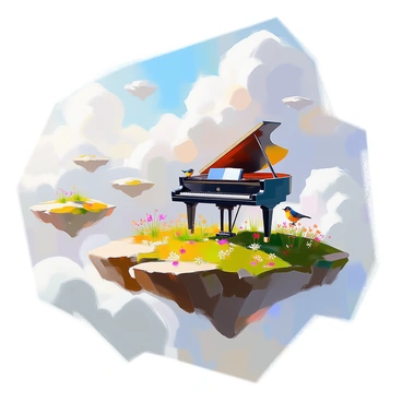 A whimsical scene featuring a grand piano positioned prominently on a small floating island surrounded by fluffy white clouds. The piano has a glossy black finish, reflecting the soft sunlight filtering through the clouds. The island itself is lush with vibrant green grass and dotted with delicate wildflowers in various colors, adding a touch of brightness. A few small birds can be seen perched on the edge of the piano, curiously looking around. In the background, other small islands are visible, each varying in size and shape, adding depth to the sky. The overall atmosphere captures a dreamlike quality, inviting the viewer into this fantastical setting.