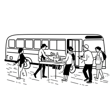A street vendor is setting up a stall next to an old bus. The vendor is wearing an apron and a cap, arranging various items on a wooden table. The bus has a weathered exterior, with peeling paint and rust visible on the body. People are walking by, some looking at the vendor's offerings. A few passersby are stopping to examine the items displayed, while others continue on their way. The pavement is textured with cracks and stones, adding to the lively atmosphere of the bustling scene.