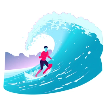 A surfer with sun-kissed skin and short dark hair is riding a giant wave, perfectly balanced on the crest. The wave is towering and dynamic, with vibrant shades of blue and white foam cascading around. The surfer is wearing a bright red wetsuit, gripping the surfboard with determination. The sunlight glints off the water, creating sparkling reflections. The background features a clear sky and distant cliffs, enhancing the sense of adventure and excitement in this moment.